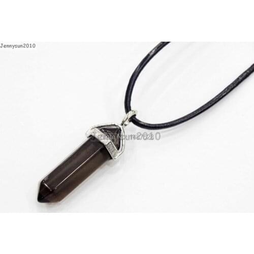 Natural Smoky Quart-z Gems Stone Hexagonal Pointed Healing Reiki Chakra Pendant Black Leather Cord Necklace 18''lnch 5 Sets/Pack