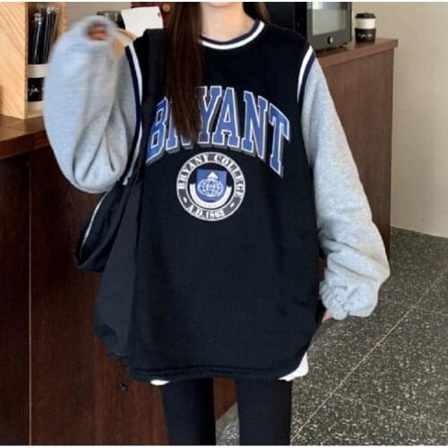 Letter Printed Color Matching Pullover Sportswear Womens Autumn And Winter Thickened New Loose Korean Long Sleeve Top