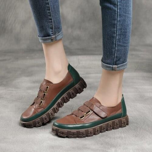 The First Layer of Cowhide British Small Leather Shoes, Leather Color-blocking Single Shoes, Thick-soled Velcro Womens Shoes