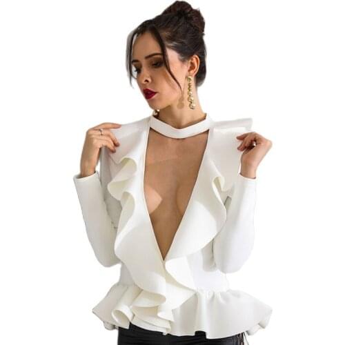 Wholesale cheap halter deep v neck peplum 2019 new knitted sexy womens top quality autumn white top