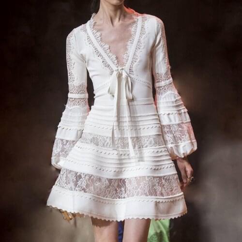 Fashion V Neck High Quality Lace Dress White Long Sleeve Patchwork Elegant Solid Black A Line Birthday Dress for Women