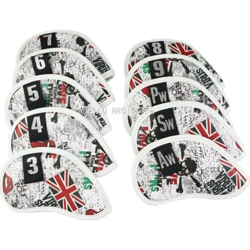10Pcs Golf Iron Headcover UK Flag Skull With Number Tags Thick PU Artificial Leather Iron Club Head Cover