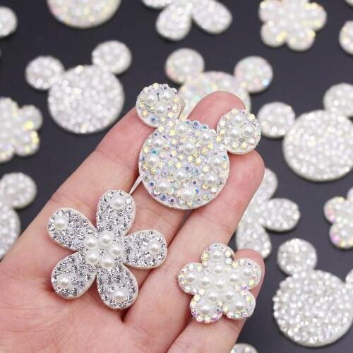10Pcs Pearl Rhinestone Patch Flower/Mouse Head Padded Appliques Sew On Clothing Patches AB Rhinestone DIY Hair Clip/Dress/Bags