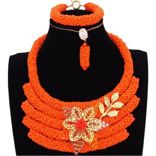 2018 New Design Original Crystal Big Pendant Necklace African Wedding Fine Jewelry Set For Women Orange Nigerian Jewellery Set