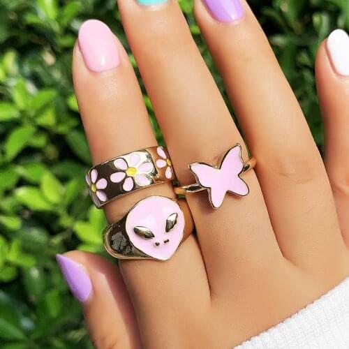 3pcs/set European American Fashion Alien Ring Pink Flower Butterfly Ring Set Romantic Cute Girl Rings Wholesale Jewelry