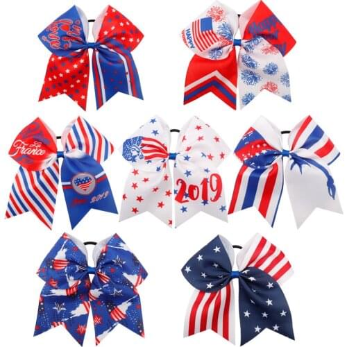 Xugar Hair Accessories 4TH Of July Cheer Bows With Elastic Rubber Band Handmade American Flag Grosgrain Ribbon Hair Bow For Girl