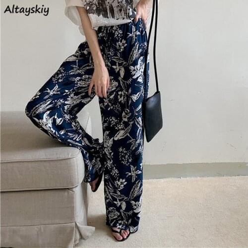 Casual Pants Women Straight Elastic Loose Leisure Trousers High-waist Summer Streetwear Pockets Harajuku Floral Leaves Painted
