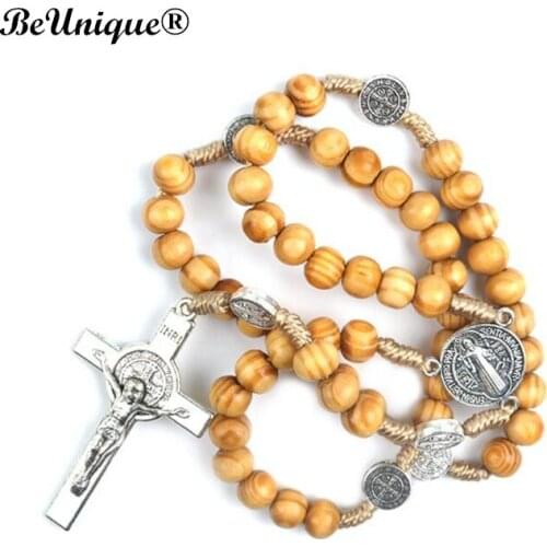 Hand knotting wooden beads Catholic rosary necklace St Benedict cross necklace pendant benedictine connectors Religious Goods