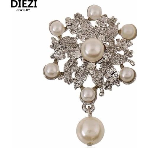 DIEZI Luxury Silver Color Flower Austria Crystal Pear Charm Water Drop Brooches Pin Women Costume Jewelry Wedding Bouquet Brooch