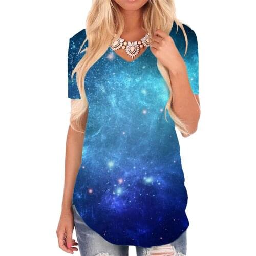Giyu Brand Galaxy T-shirt women Nebula V-neck Tshirt Space Tshirts Printed Dark Blue Funny T shirts Womens Clothing Summer