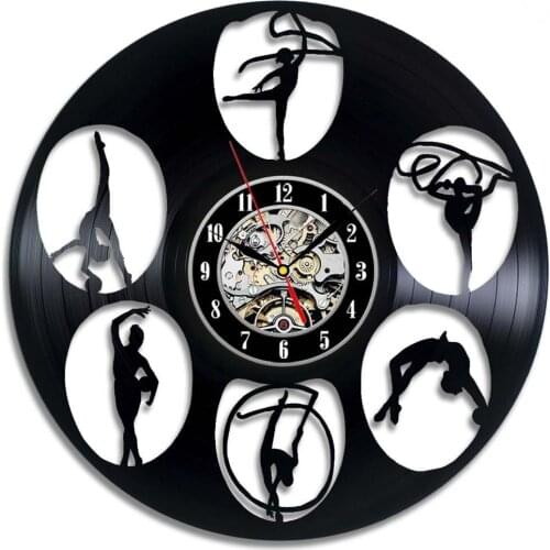 Gymnastics Girls LED Night Light Silhouette Vinyl Record Wall Clock Female Gymnast Artistic Modern Wall Lamp