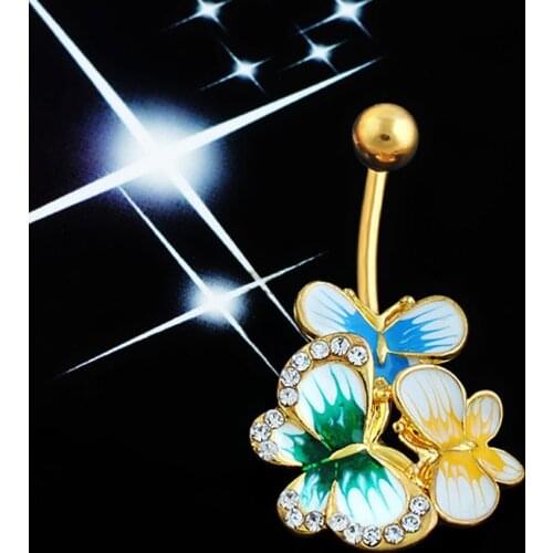 Superior Quality Gold &Crystal Butterflys Belly Button Rings Sexy Body Piercing Jewelry Bars Piercings Navel Piercing 1 PC