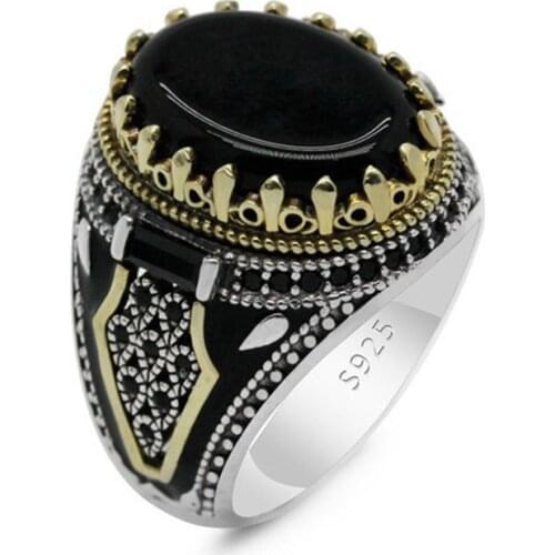 New Fashion Men Rings Vintage Two-tone Black Stone Finger Ring Charm Punk Rock Hip Hop Male Personality Jewelry Party Gifts