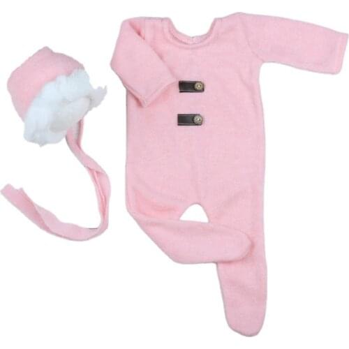 Newborn Infant Baby Girls Boys Solid Colors Knitted Photography Prop Clothing Footed Romper Button Overalls Hat 2pcs Set