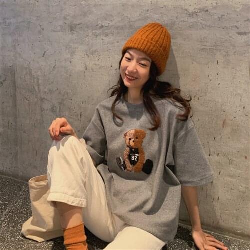 Summer college style towel embroidered bear half-sleeved mid-length loose cotton T-shirt all-match casual women