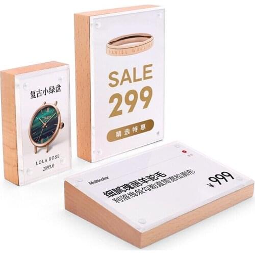 Magnetic Tabletop Wood Block Menu Holder Display Stand Counter Acrylic Picture Photo Frame Price Label Holder