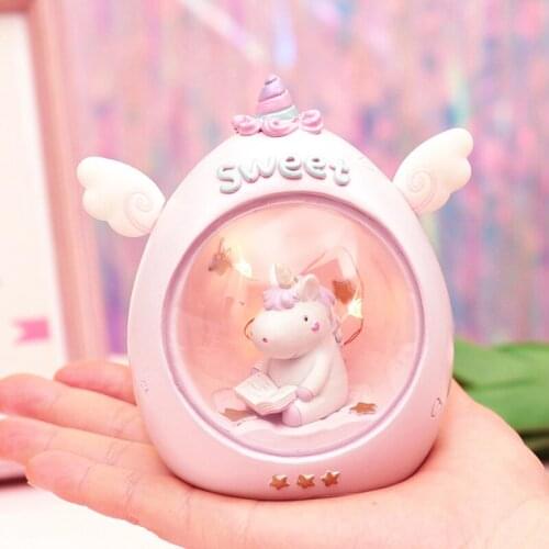 Cute Cartoon Angel Unicorn LED Resin Night Lights Creative Music Bell Kids Bedside Table Lamp Birthday Gifts Girls Bedroom Decor