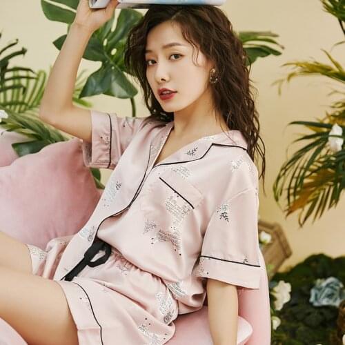 JULYS SONG Cute Cartoon Faux Silk Pajamas Set Leisure Lace Women Nightwear Short Sleeves Sleepwear Homewear