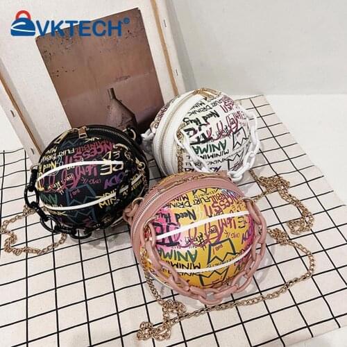 Fashion Women Letter Graffiti Printing Round Ball PU Leather Shoulder Crossbody Messenger Bags Casual Ladies Chain Mini Handbags