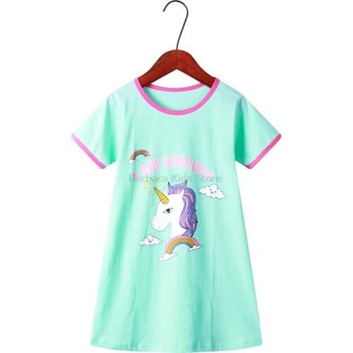2 4 6 8 10 12 14 Years Baby Girl Night Dress for Kids Girls Nightgown Unicorn Nighty Summer Sleepwear T Shirt Long Pajamas Dress