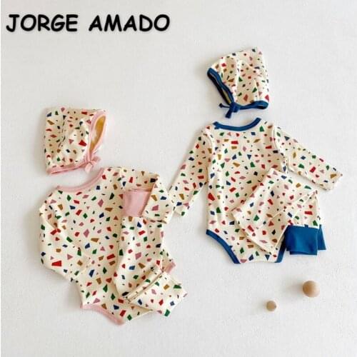 2021 New Autumn Kids Girls Boys Pajamas Sets Long Sleeves Polygon Print Bodysuit + Leggings + Cap Newborn Clothes E6092