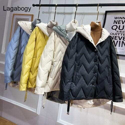 Lagabogy 2021 New Winter Women Knitted Patchwork Hooded Warm Coat White Duck Down Parka Female Short Loose Puffer Jacket Outwear