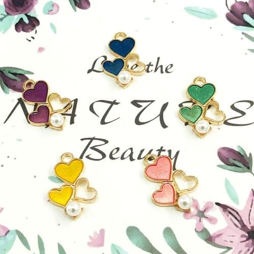 20pcs/lot Zinc Alloy Charms Enamel Heart With Imitation Pearl Charms For DIY Necklaces Bracelets Jewelry Making Accessories