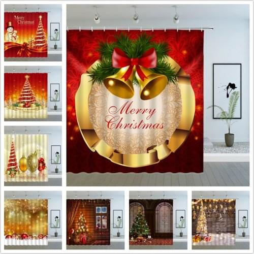 Cartoon Pattern Christmas Decoration Shower Curtains Xmas Tree Cope Ball Bells New Year Bathroom Decor New Year Cloth Curtain