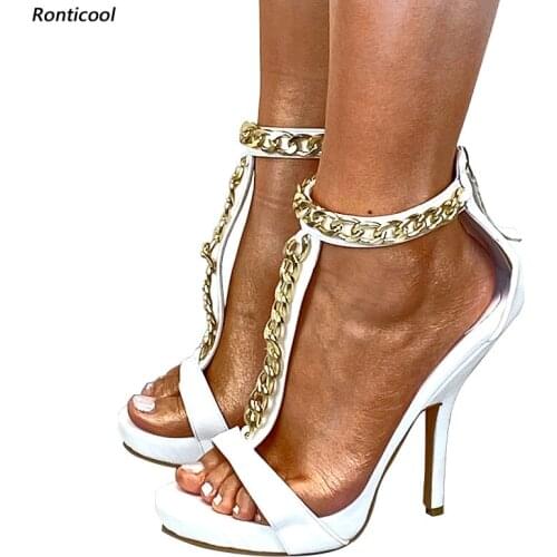 Ronticool Handmade Women Summer Sandals Sexy Chain Decoration Stiletto Heels Open Toe Black White Night Club Shoes US Size 5-13