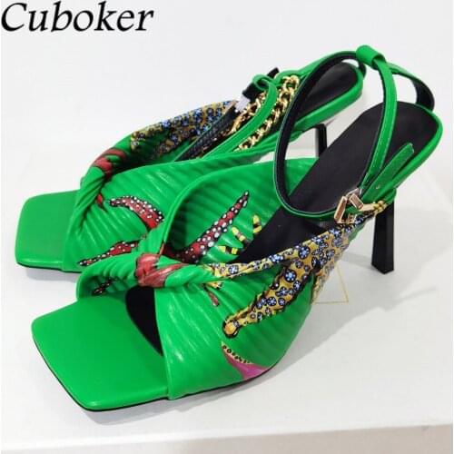 Summer Square Toe Women High Heel Sandals Colorful Print Stiletto Slides Chain Ankle Strap Pumps Runway Party Dress Shoes Women