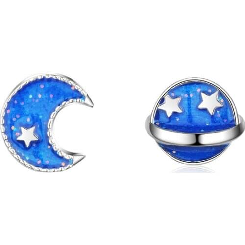 Blue Glitter Enamel Copper Planet and Moon Girls Stud Earrings New design personality and lovely Charm Fashion jewelry Accessory