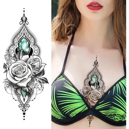 3D Rose Temporary Tattoos Sticker Fake Jewelry Body Art Chest Arm Decoration Tatoos Waterproof Black Diamond Tatoos For Women