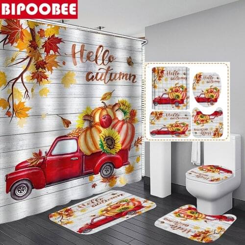 Fall Pumpkin Red Truck Shower Curtain Thanksgiving Harvest Farmhouse Bathroom Curtains Maple Leaf Bath Mats Toilet Lid Cover