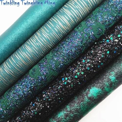 Green Glitter Leather, Metallic Synthetic Leather with Gold, Lace Glitter Fabric Sheet For Bow 21x29CM Twinkling Ming KM396