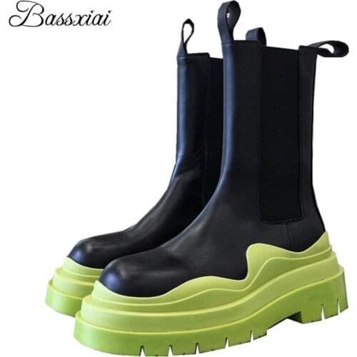 Genuine Leather Mid-calf Modern Boots Women Round Toe Elastic Band Mixed Candy Color Increasing Heel Winter Botas