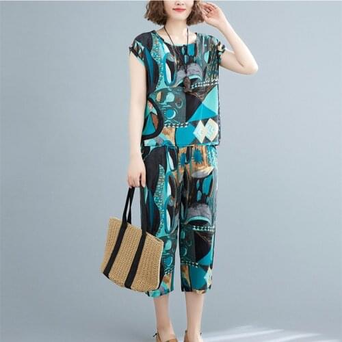 Casual Set 2021 New Arrival Print Floral Soft Cotton Satin Loose Women Clothes Set Tops Pants Office Lady Worrk Summer Set Suits