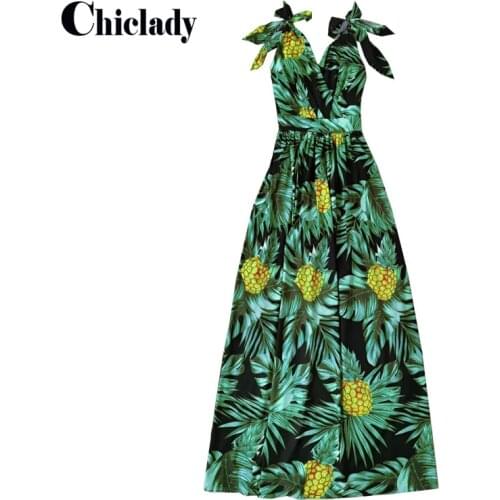 CHICLADY boho green Pineapple green women deep v-neck sleeveless lace up bow summer holiday dresses vestidos robe de mujer traf