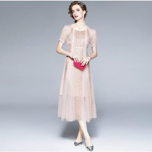 Summer Elegant Beading Embroidery Tulle Mesh Party Dress Women See Through High Waist Pleated Evening Vestidos k6734