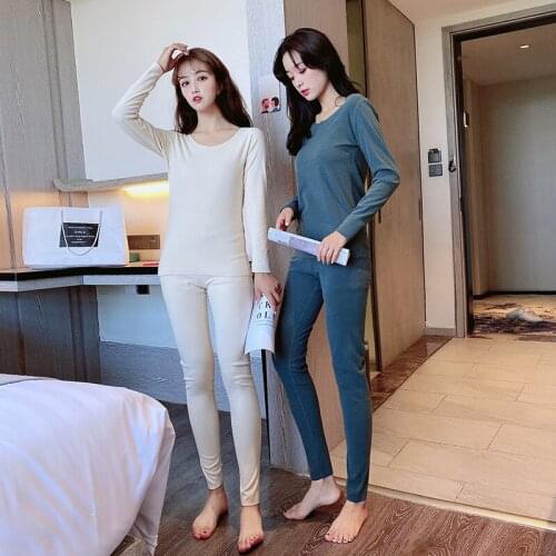 Winter New Womens O-Neck Long-Sleeved T-shirt and Capri-Pants Two-Piece velvet Self-Heating Thermal sets long johns women