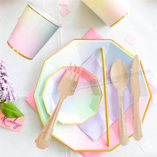 16 Sets Pastel Ombre Foil Gold Party Canape Plate Dessert Dishes Paper Cups Napkin Straws Appetizer Graduation Baby Shower Decor