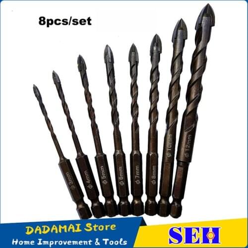 8pcs/set Cross Hex Tile Bits Glass Ceramic Concrete Hole Opener Alloy Triangle Drill Size 3/4/5/6/7/8/10/12 mm