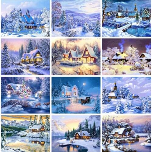 Huacan 5D DIY Diamond Painting House Winter Full Diamond Embroidery Mosaic Landscape Paintings For Interior Home Decoration