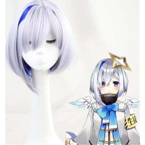 Anime VTuber Hololive Amane Kanata Cosplay Wig Silver Gray Mixed Blue Short Heat Resistant Synthetic Hair Halloween + Free Wig C