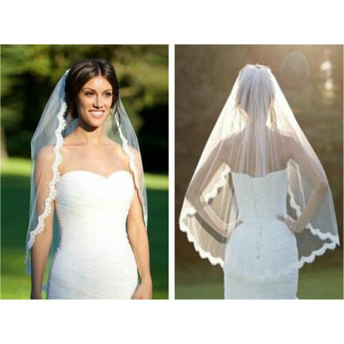 White Bridal Wedding Veil 1 Tier Elbow Length Lace Trim with Comb