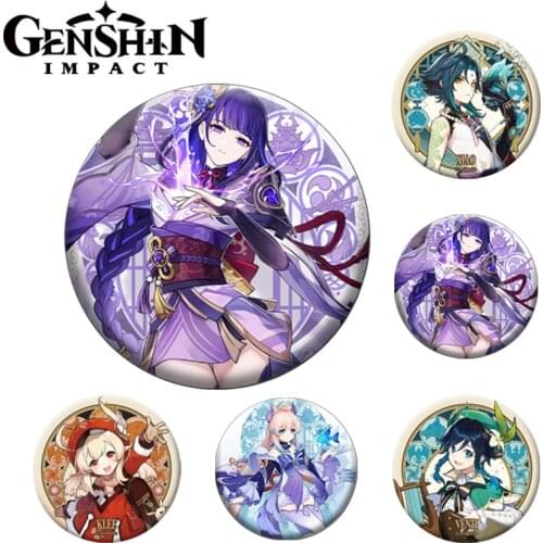 58mm Genshin Impact 2.0 Baal Xiao Zhongli Klee Ayaka Brooch Pin Cosplay Badge Accessories For Clothes Backpack Decoration Gift