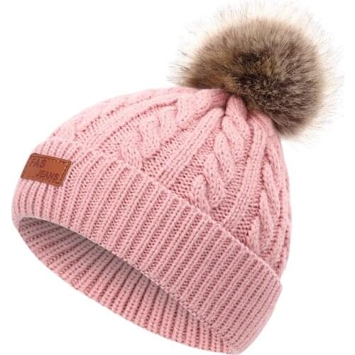 Childrens Winter New Knit Hats Raccoon Leather Hair Ball Warm Comfortable Boy Girl Pompoms Loose Caps Thickening Slouchy Beanie
