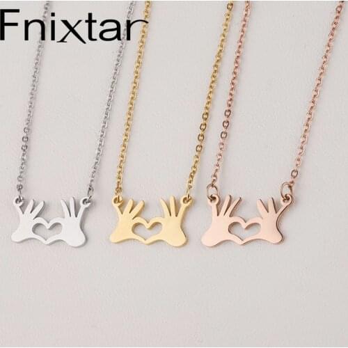 Fnixtar Stainless Steel Chain Necklace Double Hand Love Heart Gesture Necklace Heart Finger Choker Necklace 10Piece/lot