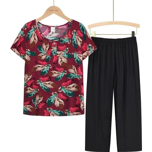 Cotton Satin Set Of Two Fashion Pieces Feather Flower Print Casual Home Shirts Colorful Brief High Quality Calf-Length Pants 4XL