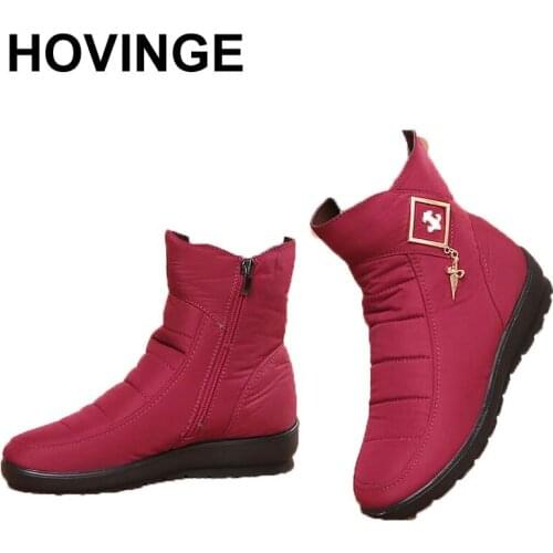 HOVINGE Winter warm plush women boots 2019 new fashion solid side zipper snow boots women shoes metal flat with shoes woman