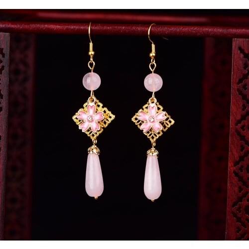 Korean Fashion Square Copper Alloy Cloisonne Drop Earrings Trend Powder Crystal Bead Pink Water Drop Pendant Earrings